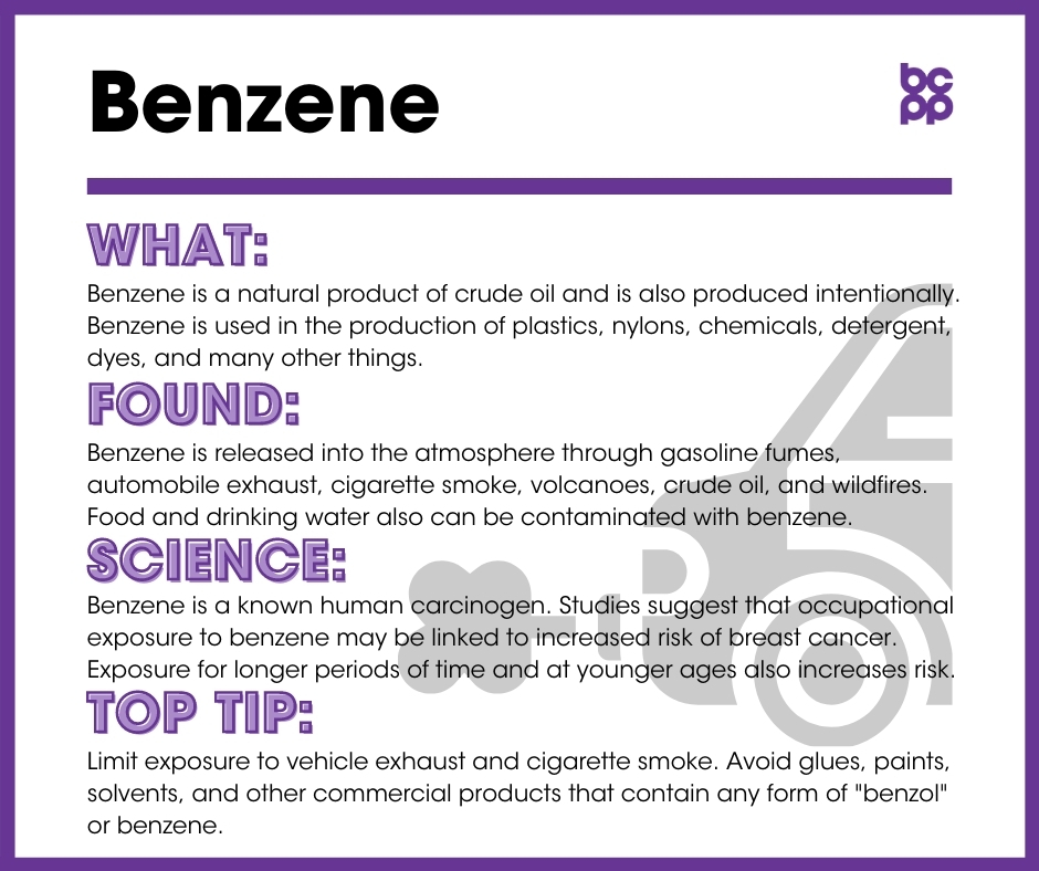 Benzene breast cancer prevention tip card infographic