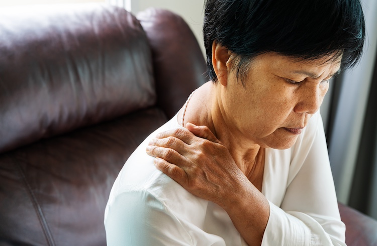 neck and shoulder pain, old woman suffering from neck and shoulder injury, health problem concept