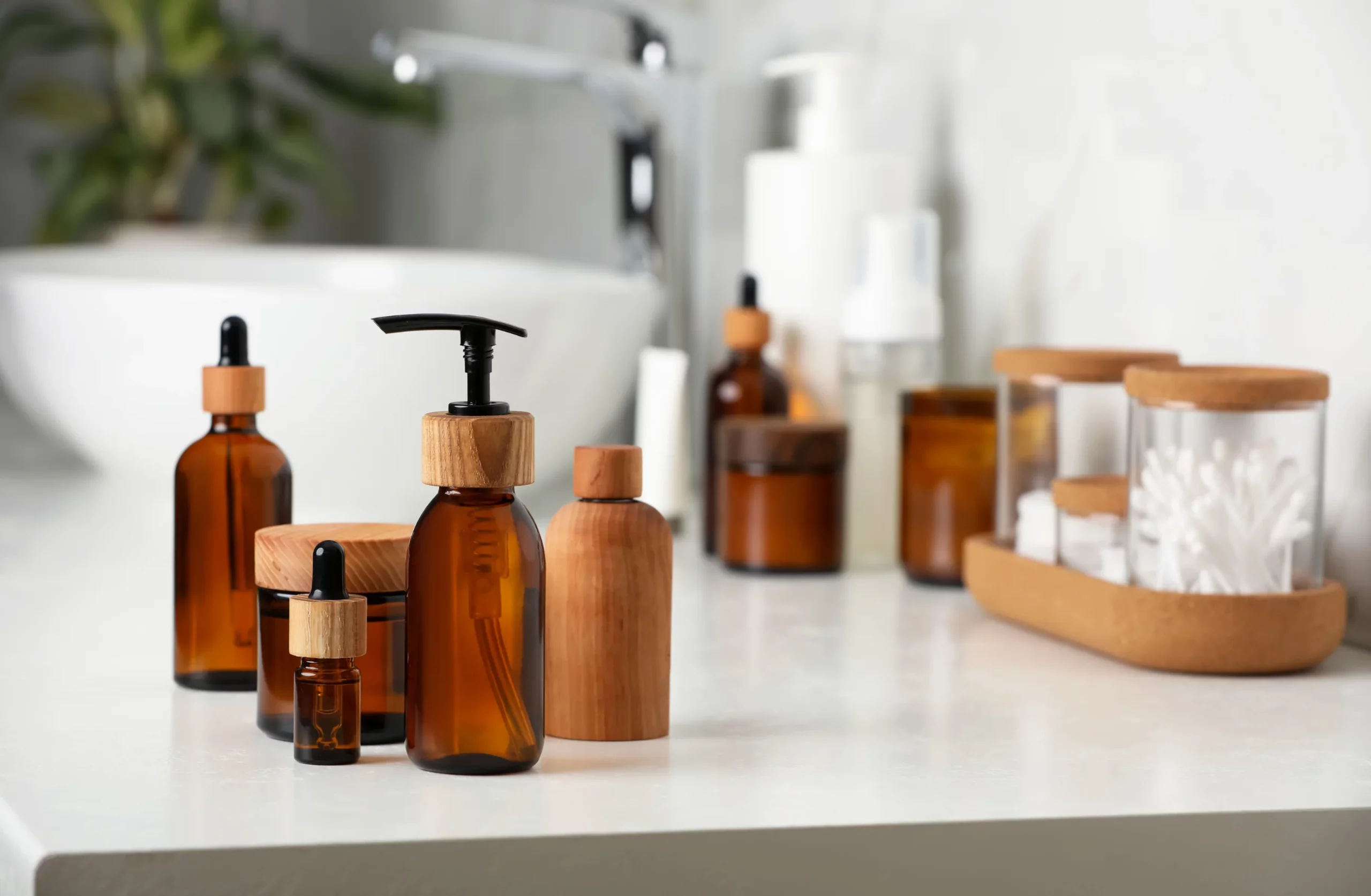Personal Care product in glass and wood bottes containers